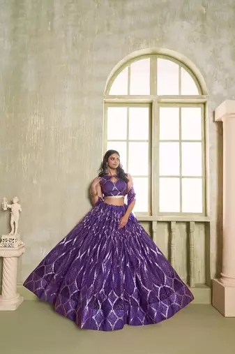 Violet Net Embroidered & Thread Work Semi Stitched Lehenga Choli