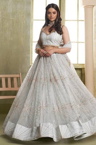 White Net Embroidered & Thread Work Semi Stitched Lehenga Choli