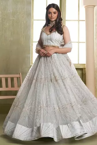 White Net Embroidered & Thread Work Semi Stitched Lehenga Choli