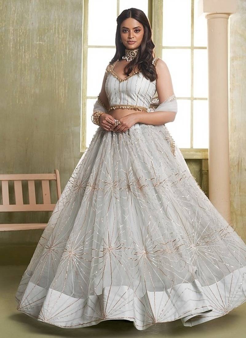 White Net Embroidered & Thread Work Semi Stitched Lehenga Choli