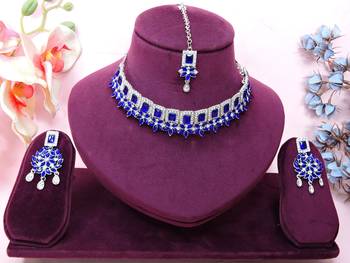 Blue rhodium premium designer american diamond and stone work necklace set 1