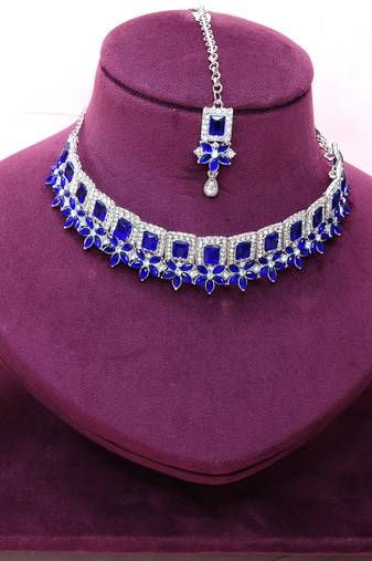 Blue rhodium premium designer american diamond and stone work necklace set