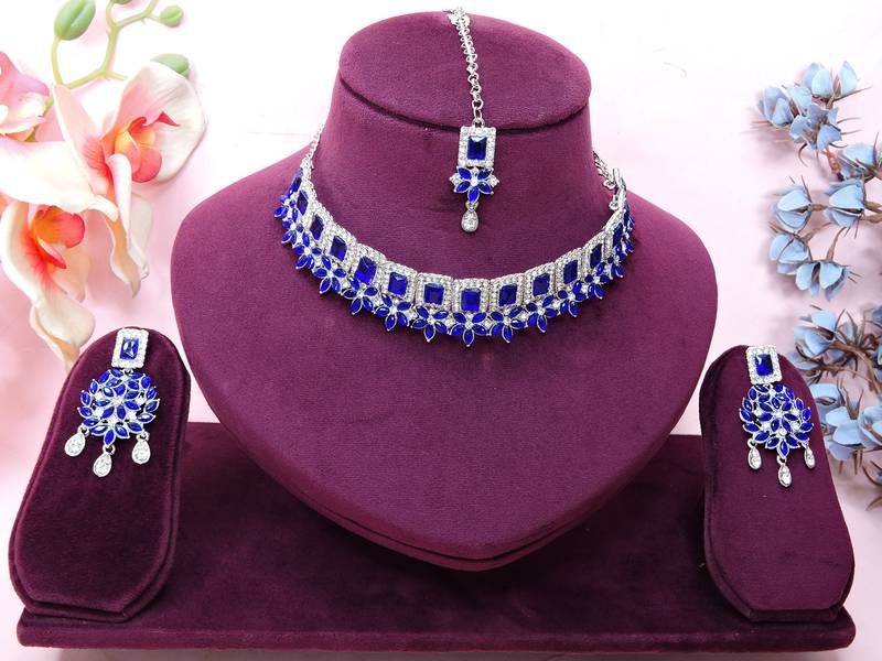Blue rhodium premium designer american diamond and stone work necklace set