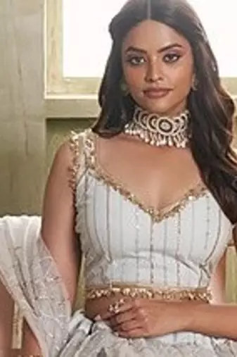 White Net Embroidered & Thread Work Semi Stitched Lehenga Choli