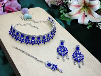 Blue rhodium premium designer american diamond and stone work necklace set 2