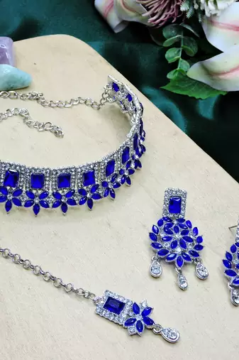 Blue rhodium premium designer american diamond and stone work necklace set