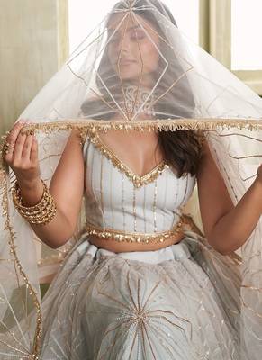 White Net Embroidered & Thread Work Semi Stitched Lehenga Choli 4