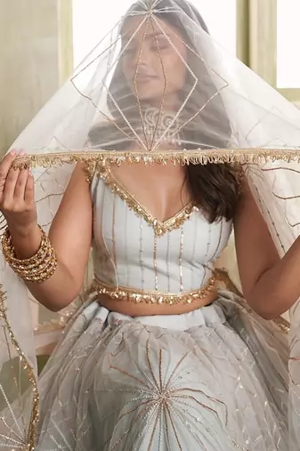 White Net Embroidered & Thread Work Semi Stitched Lehenga Choli