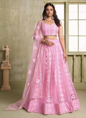 Pink Net Embroidered & Thread Work Semi Stitched Lehenga Choli 1