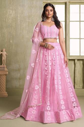 Pink Net Embroidered & Thread Work Semi Stitched Lehenga Choli