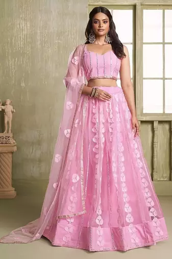 Pink Net Embroidered & Thread Work Semi Stitched Lehenga Choli