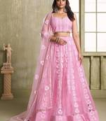 Pink Net Embroidered & Thread Work Semi Stitched Lehenga Choli