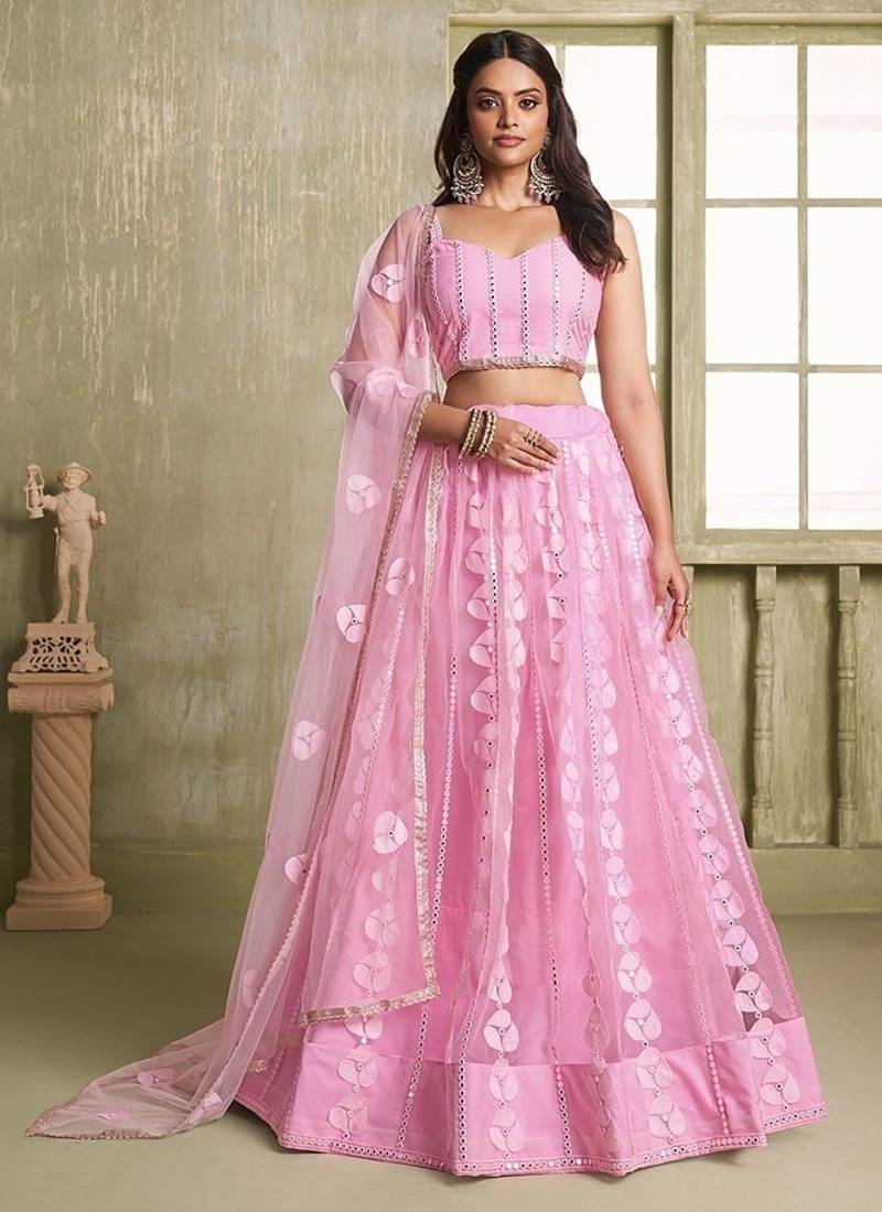 Pink Net Embroidered & Thread Work Semi Stitched Lehenga Choli