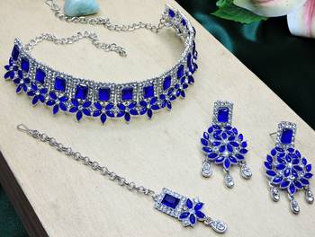 Blue rhodium premium designer american diamond and stone work necklace set 3
