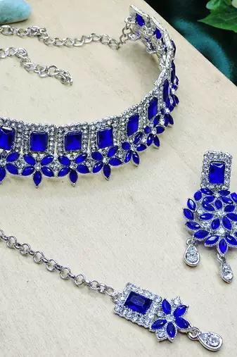 Blue rhodium premium designer american diamond and stone work necklace set