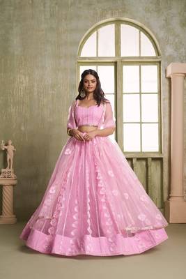 Pink Net Embroidered & Thread Work Semi Stitched Lehenga Choli 2