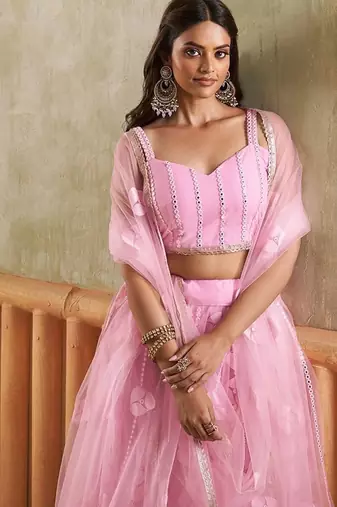 Pink Net Embroidered & Thread Work Semi Stitched Lehenga Choli