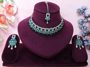 Green rhodium premium designer american diamond and stone work necklace set 1