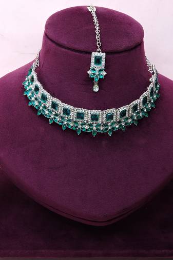 Green rhodium premium designer american diamond and stone work necklace set