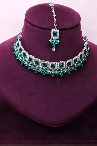 Green rhodium premium designer american diamond and stone work necklace set