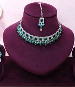 Green rhodium premium designer american diamond and stone work necklace set