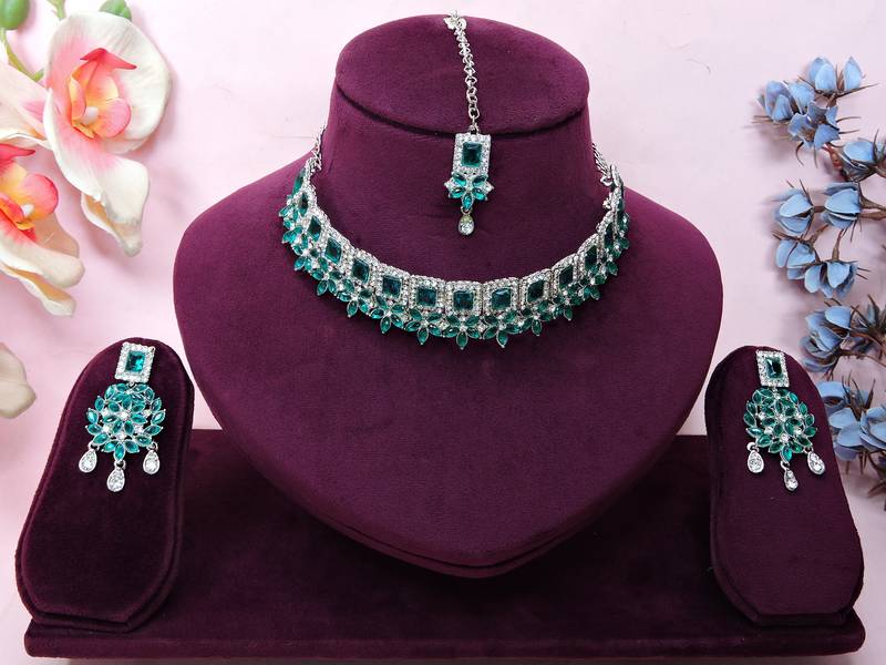 Green rhodium premium designer american diamond and stone work necklace set