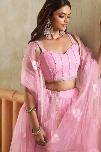Pink Net Embroidered & Thread Work Semi Stitched Lehenga Choli