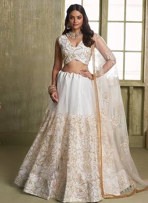 Off White Net Embroidered & Thread Work Semi Stitched Lehenga Choli 1