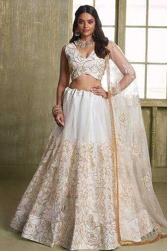 Off White Net Embroidered & Thread Work Semi Stitched Lehenga Choli