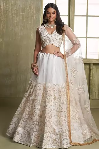 Off White Net Embroidered & Thread Work Semi Stitched Lehenga Choli