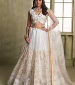 Off White Net Embroidered & Thread Work Semi Stitched Lehenga Choli