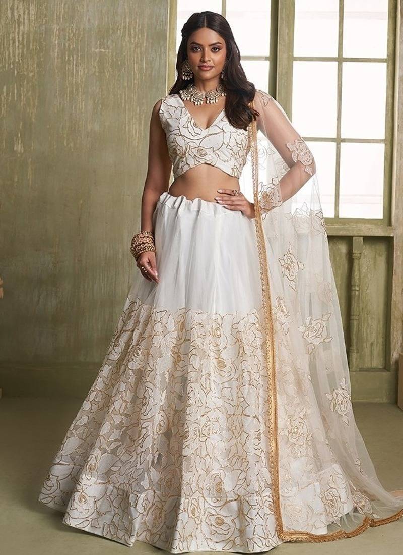 Off White Net Embroidered & Thread Work Semi Stitched Lehenga Choli