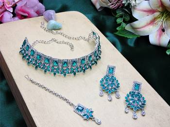 Green rhodium premium designer american diamond and stone work necklace set 2