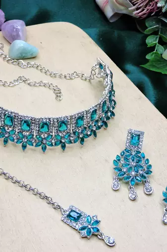 Green rhodium premium designer american diamond and stone work necklace set