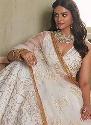 Off White Net Embroidered & Thread Work Semi Stitched Lehenga Choli 2