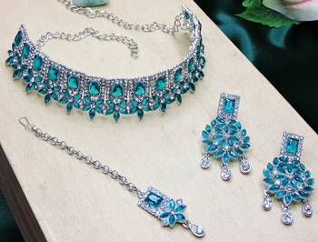 Green rhodium premium designer american diamond and stone work necklace set 3