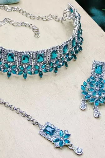 Green rhodium premium designer american diamond and stone work necklace set