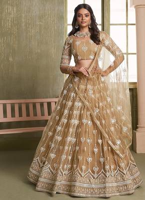 Brown Net Embroidered & Thread Work Semi Stitched Lehenga Choli 1