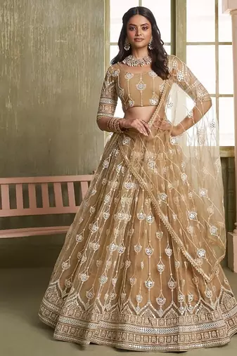 Brown Net Embroidered & Thread Work Semi Stitched Lehenga Choli