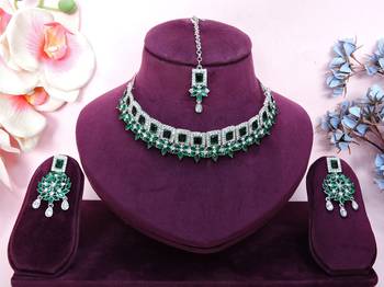 Green rhodium premium designer american diamond and stone work necklace set 1