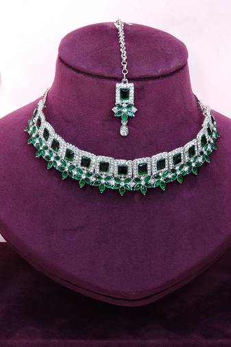 Green rhodium premium designer american diamond and stone work necklace set