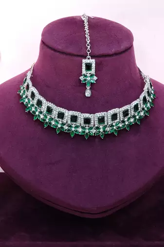 Green rhodium premium designer american diamond and stone work necklace set