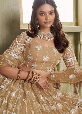 Brown Net Embroidered & Thread Work Semi Stitched Lehenga Choli 3