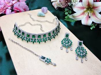 Green rhodium premium designer american diamond and stone work necklace set 2