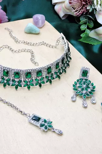 Green rhodium premium designer american diamond and stone work necklace set