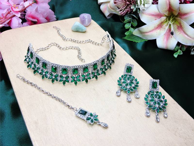 Green rhodium premium designer american diamond and stone work necklace set