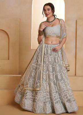 Grey Net Embroidered & Thread Work Semi Stitched Lehenga Choli 1