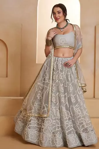 Grey Net Embroidered & Thread Work Semi Stitched Lehenga Choli