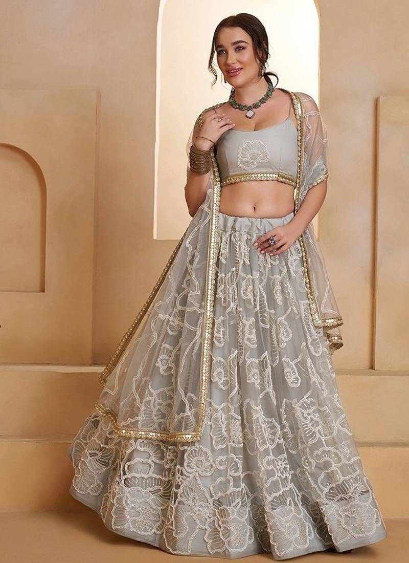 Grey Net Embroidered & Thread Work Semi Stitched Lehenga Choli
