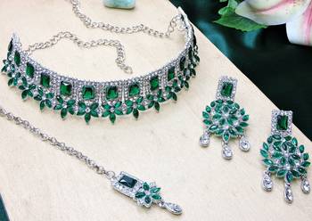 Green rhodium premium designer american diamond and stone work necklace set 3